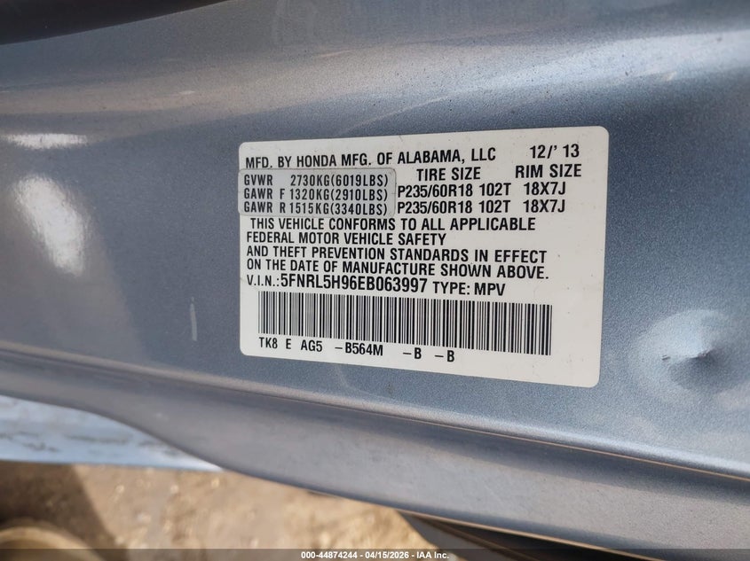 2014 Honda Odyssey Touring/Touring Elite VIN: 5FNRL5H96EB063997 Lot: 44874244