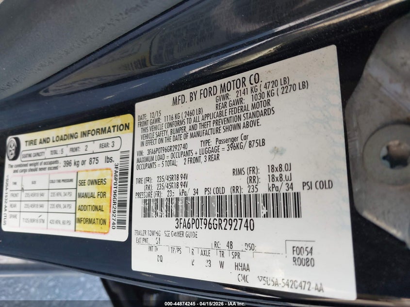 2016 Ford Fusion Se VIN: 3FA6P0T96GR292740 Lot: 44874245