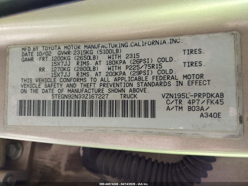 2003 Toyota Tacoma Prerunner V6 VIN: 5TEGN92N33Z167227 Lot: 44874248