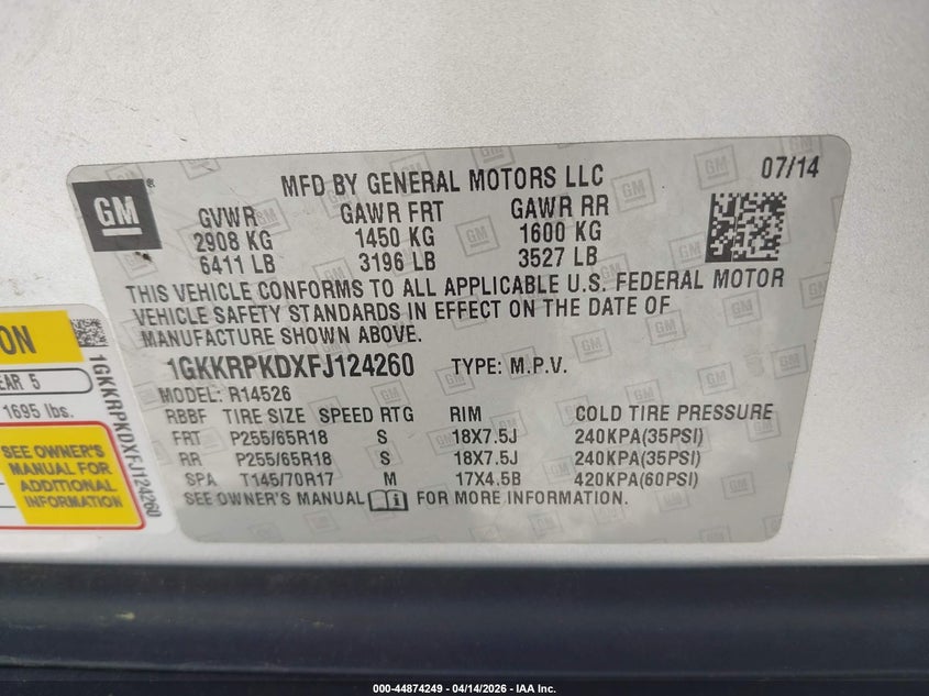 2015 GMC Acadia Sle-2 VIN: 1GKKRPKDXFJ124260 Lot: 44874249