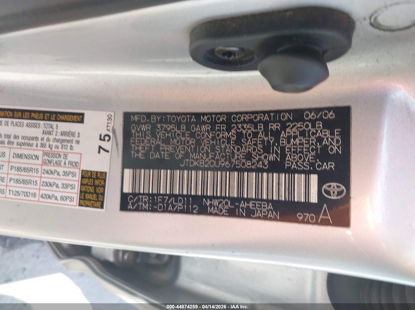 2006 Toyota Prius VIN: JTDKB20U967508243 Lot: 44874259