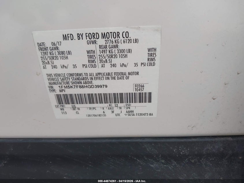 2017 Ford Explorer Limited VIN: 1FM5K7F88HGD39979 Lot: 44874261