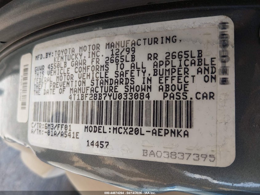 2000 Toyota Avalon Xl VIN: 4T1BF28B7YU033084 Lot: 44874264