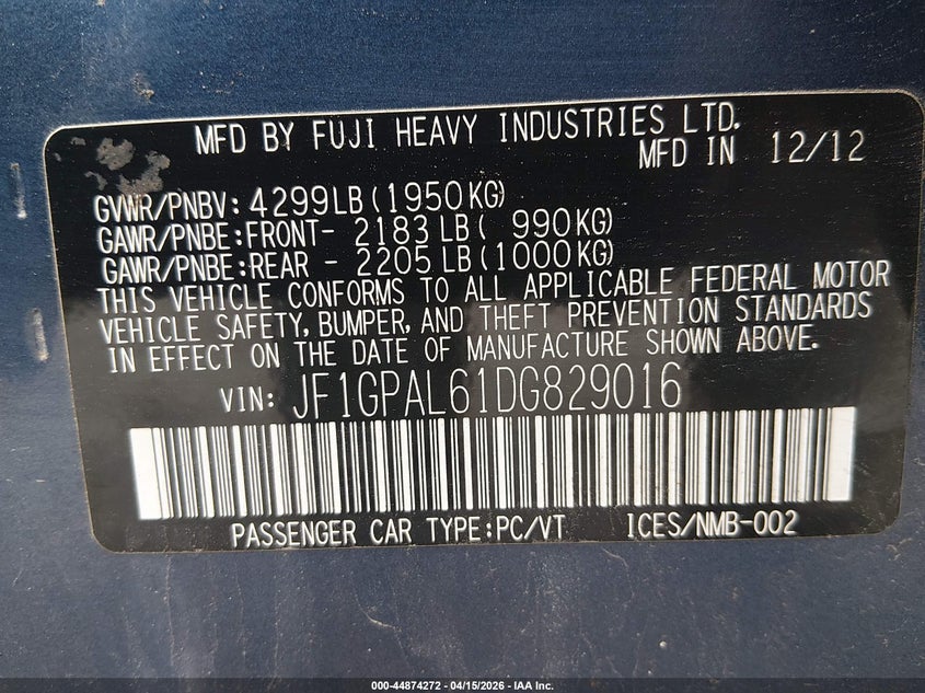 2013 Subaru Impreza 2.0I Sport Premium VIN: JF1GPAL61DG829016 Lot: 44874272