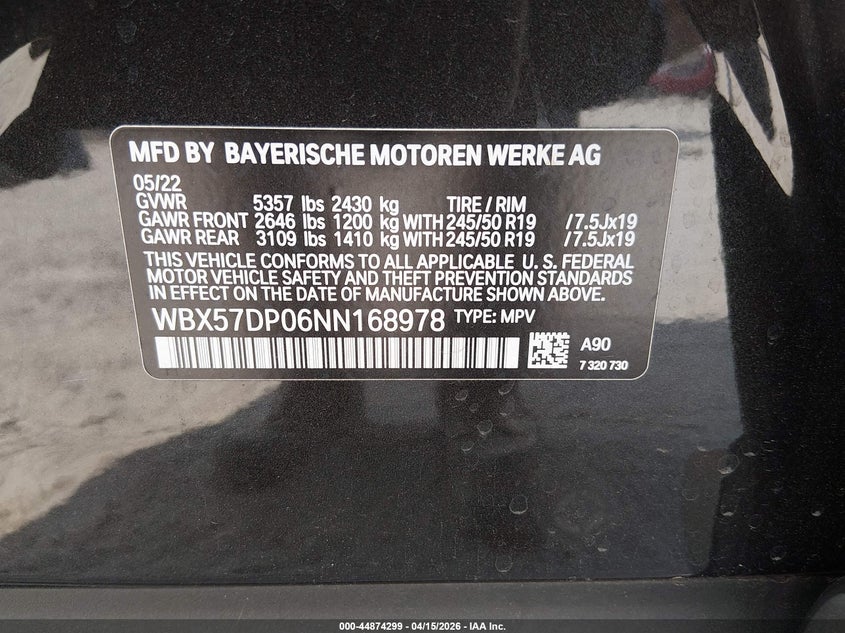 2022 BMW X3 xDrive30I VIN: WBX57DP06NN168978 Lot: 44874299