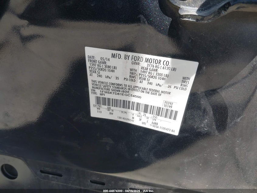 2014 Ford Explorer Xlt VIN: 1FM5K7D81EGC54500 Lot: 44874300