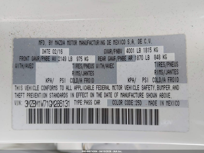 2016 Mazda Mazda3 I Touring VIN: 3MZBM1W71GM286131 Lot: 44874304