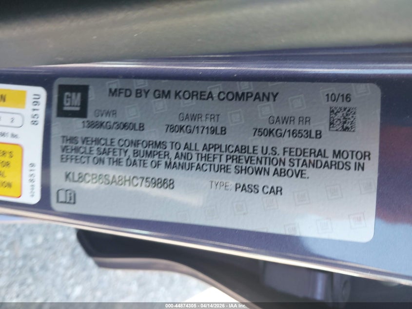 2017 Chevrolet Spark Ls Cvt VIN: KL8CB6SA8HC759868 Lot: 44874305