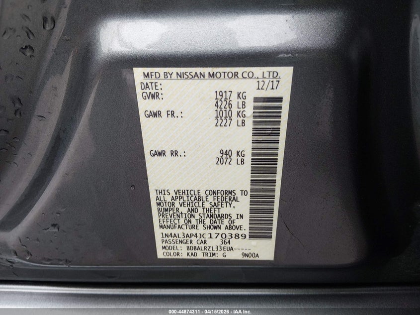 2018 Nissan Altima 2.5 Sl VIN: 1N4AL3AP4JC170389 Lot: 44874311