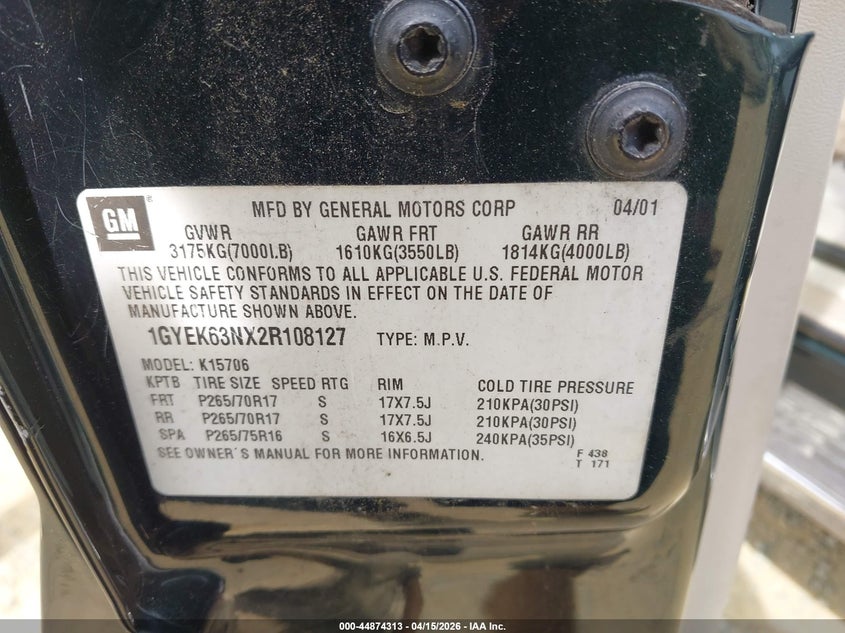 2002 Cadillac Escalade Standard VIN: 1GYEK63NX2R108127 Lot: 44874313