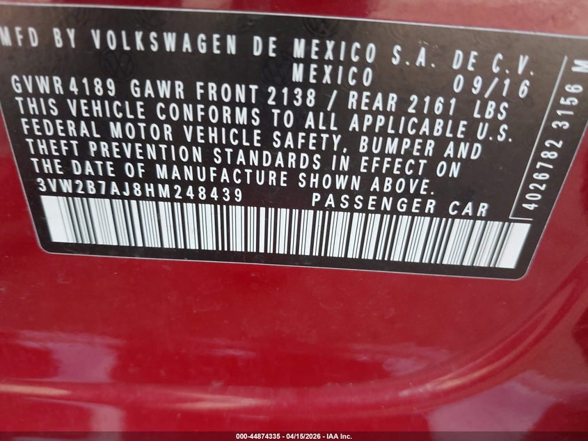 2017 Volkswagen Jetta 1.4T S VIN: 3VW2B7AJ8HM248439 Lot: 44874335