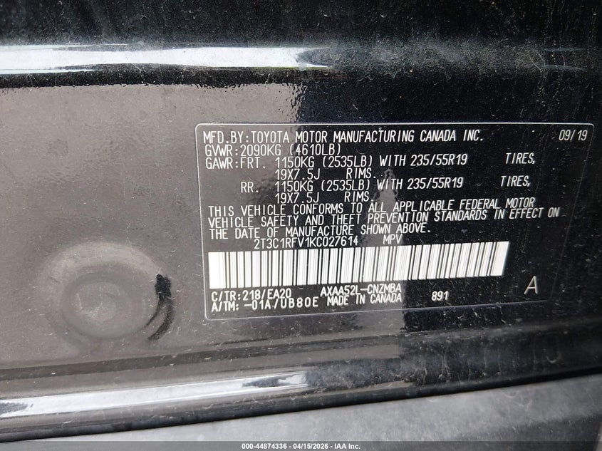 2019 Toyota Rav4 Xle Premium VIN: 2T3C1RFV1KC027614 Lot: 44874336