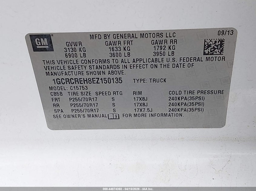 2014 Chevrolet Silverado 1500 1Lt VIN: 1GCRCREH8EZ150135 Lot: 44874360