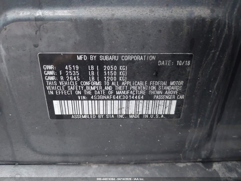 2019 Subaru Legacy 2.5I Premium VIN: 4S3BNAF64K3014464 Lot: 44874364