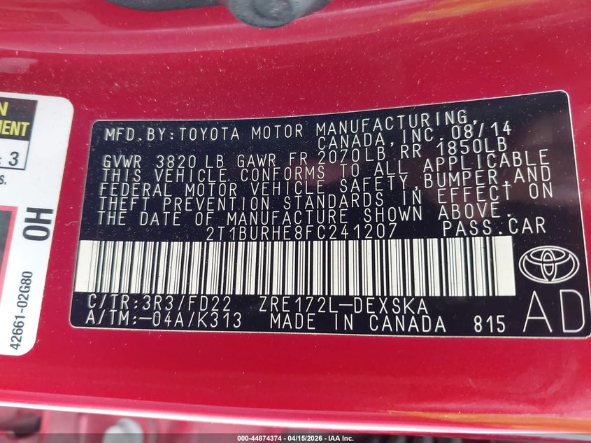 2015 Toyota Corolla S Plus VIN: 2T1BURHE8FC241207 Lot: 44874374