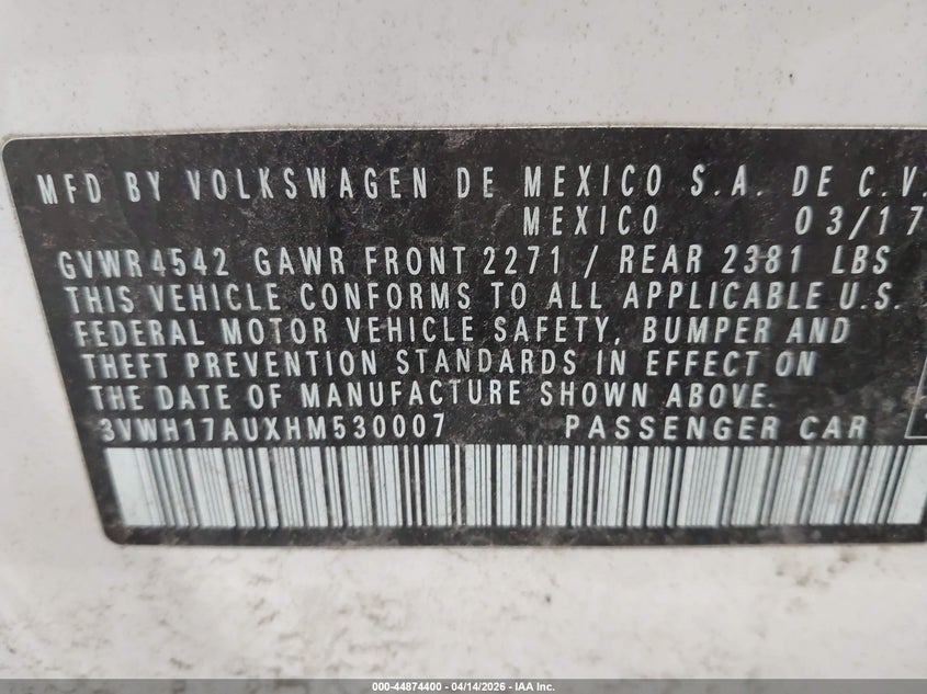 2017 Volkswagen Golf Alltrack Tsi S/Tsi Se/Tsi Sel VIN: 3VWH17AUXHM530007 Lot: 44874400