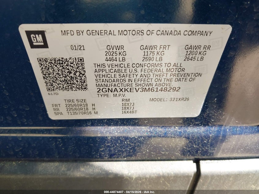 2021 Chevrolet Equinox Fwd Lt VIN: 2GNAXKEV3M6148292 Lot: 44874407