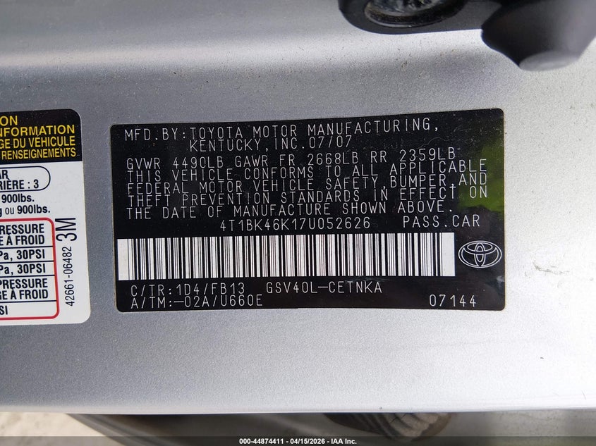 2007 Toyota Camry Le V6 VIN: 4T1BK46K17U052626 Lot: 44874411