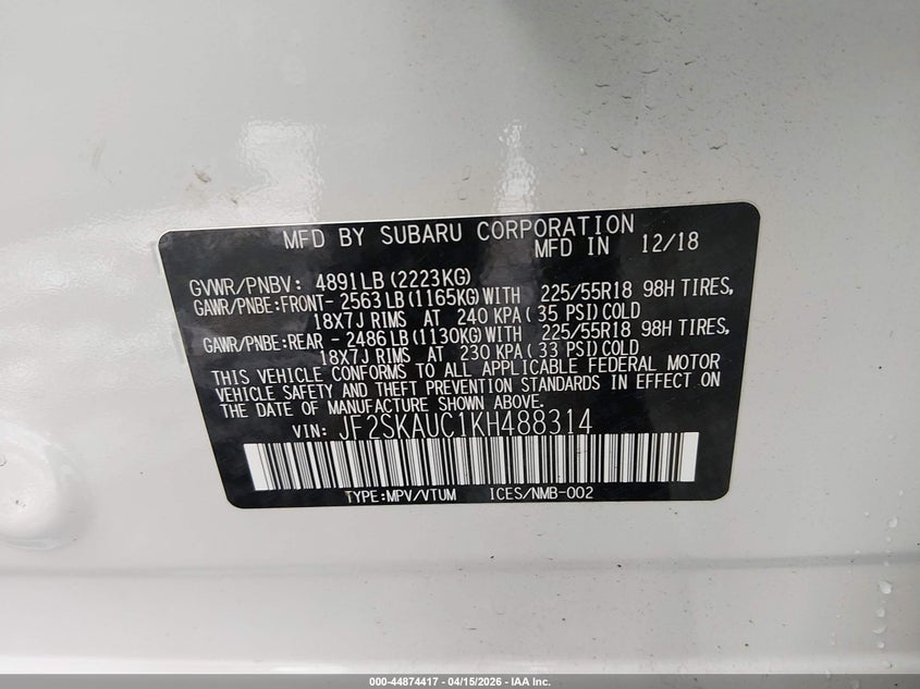 2019 Subaru Forester Limited VIN: JF2SKAUC1KH488314 Lot: 44874417