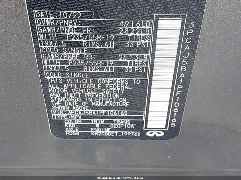 2023 Infiniti Qx50 Luxe VIN: 3PCAJ5BA1PF106165 Lot: 44874434