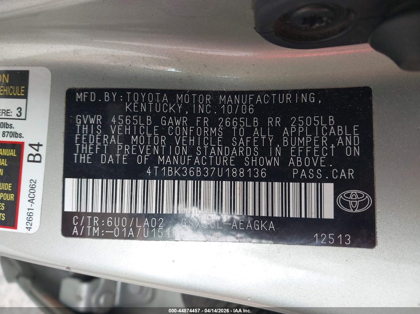 2007 Toyota Avalon Xls VIN: 4T1BK36B37U188136 Lot: 44874457