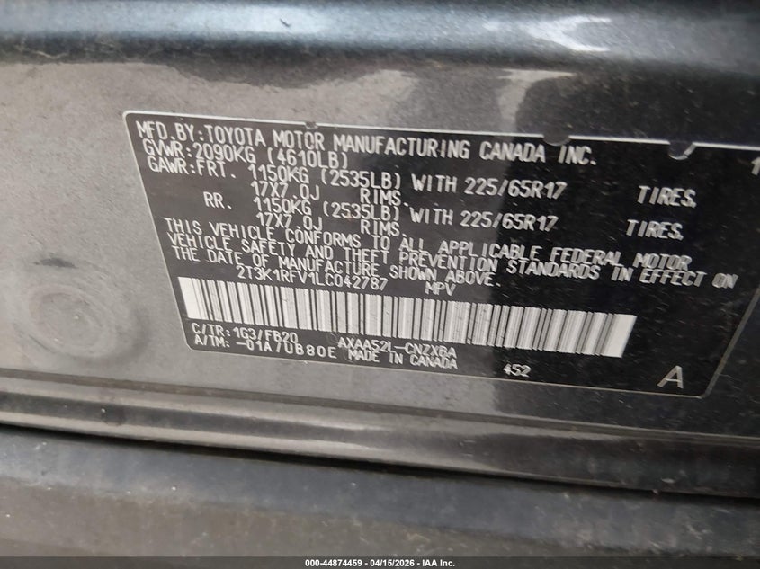 2020 Toyota Rav4 Le VIN: 2T3K1RFV1LC042787 Lot: 44874459