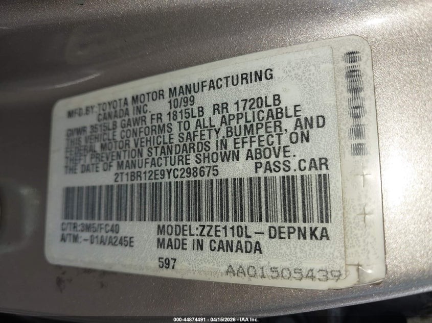 2000 Toyota Corolla Le VIN: 2T1BR12E9YC298675 Lot: 44874491