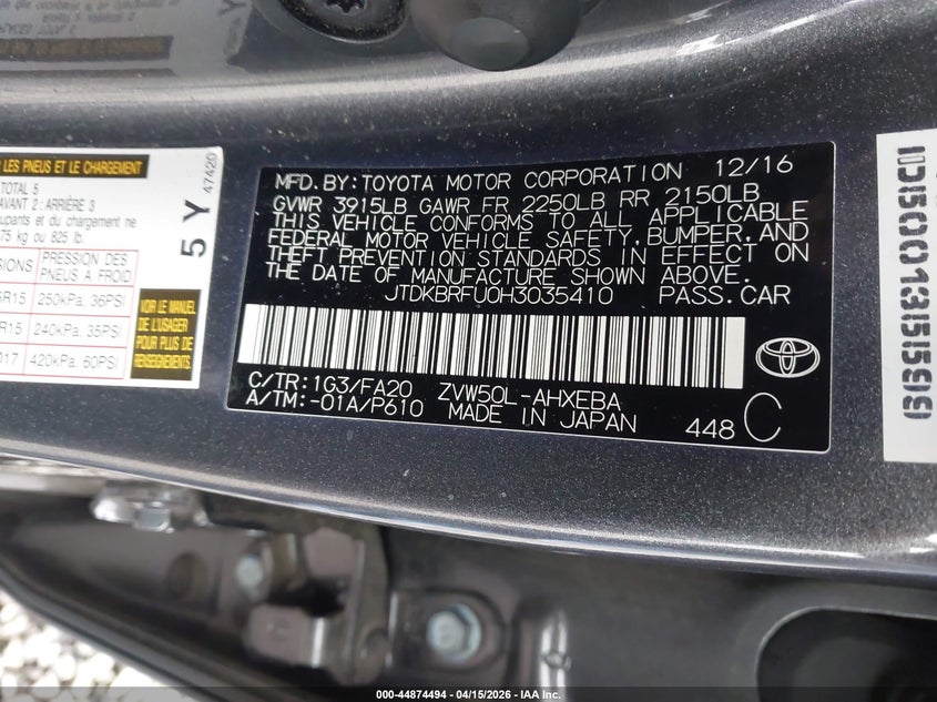 2017 Toyota Prius Two VIN: JTDKBRFU0H3035410 Lot: 44874494