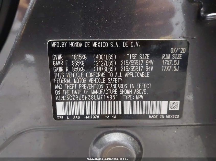 VIN 3CZRU5H38LM714851 2020 HONDA HR-V 2WD LX
