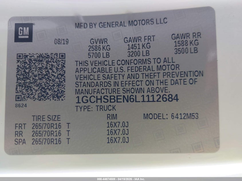 2020 Chevrolet Colorado 2Wd Long Box Wt VIN: 1GCHSBEN6L1112684 Lot: 44874508