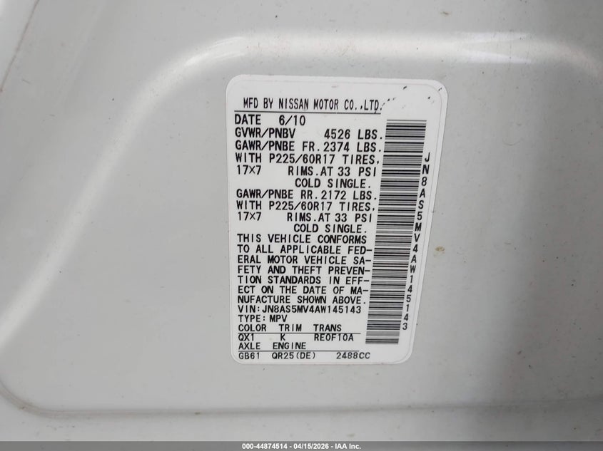 2010 Nissan Rogue Sl VIN: JN8AS5MV4AW145143 Lot: 44874514