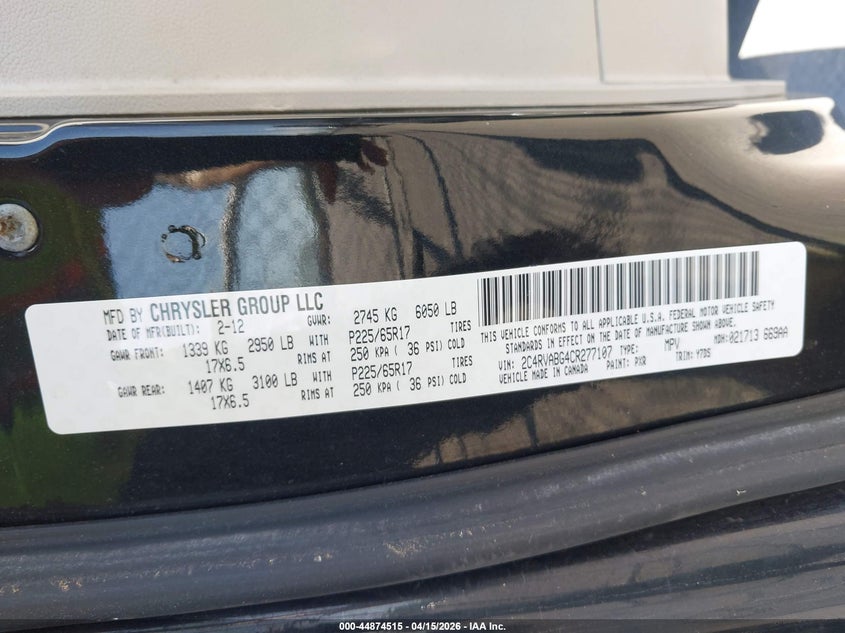 2012 Volkswagen Routan Se VIN: 2C4RVABG4CR277107 Lot: 44874515