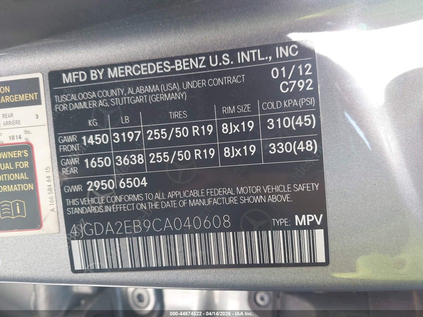 2012 Mercedes-Benz Ml 350 Bluetec 4Matic VIN: 4JGDA2EB9CA040608 Lot: 44874522