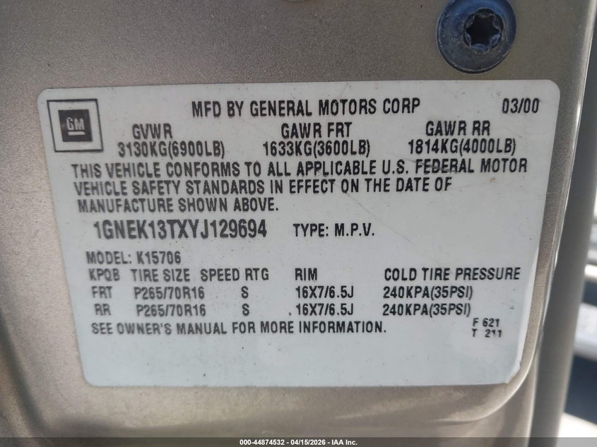 2000 Chevrolet Tahoe All New Lt VIN: 1GNEK13TXYJ129694 Lot: 44874532