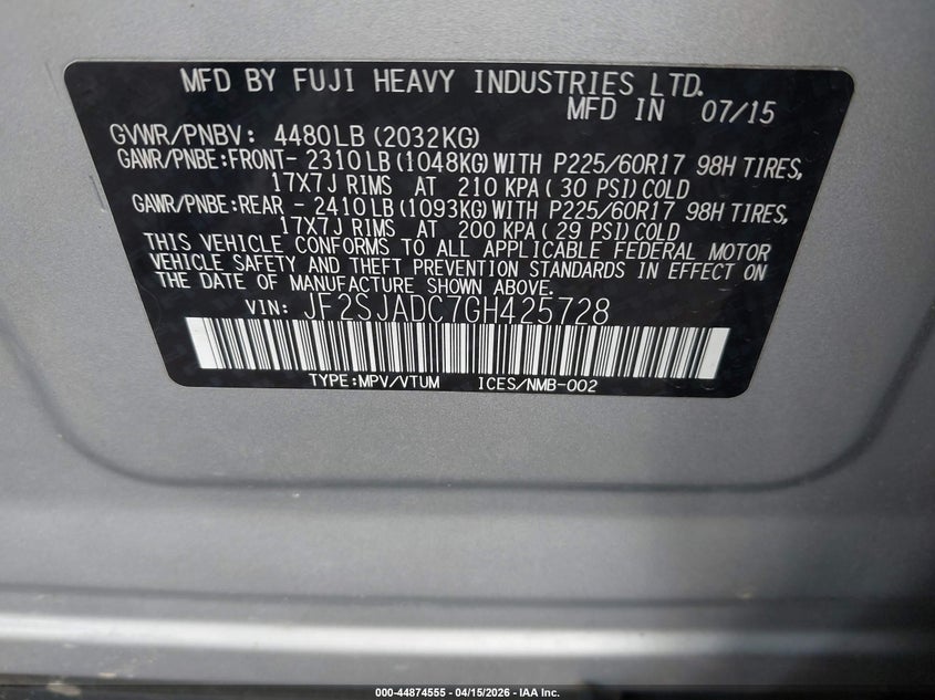 2016 Subaru Forester 2.5I Premium VIN: JF2SJADC7GH425728 Lot: 44874555