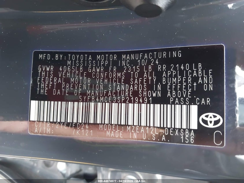 2025 Toyota Corolla Fx VIN: 5YFB4MCE3SP219491 Lot: 44874577