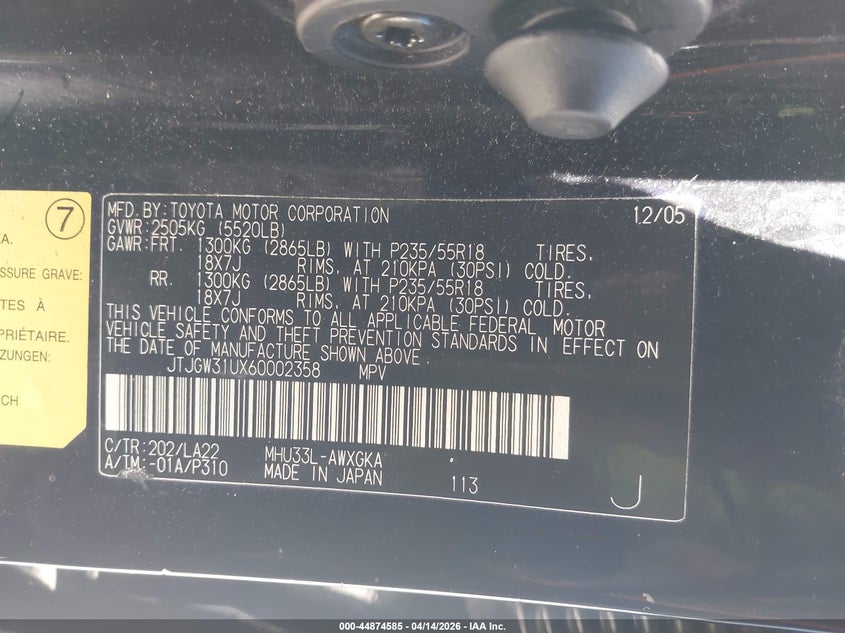 2006 Lexus Rx 400H VIN: JTJGW31UX60002358 Lot: 44874585