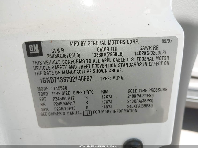 2008 Chevrolet Trailblazer Lt VIN: 1GNDT13S782140887 Lot: 44874586