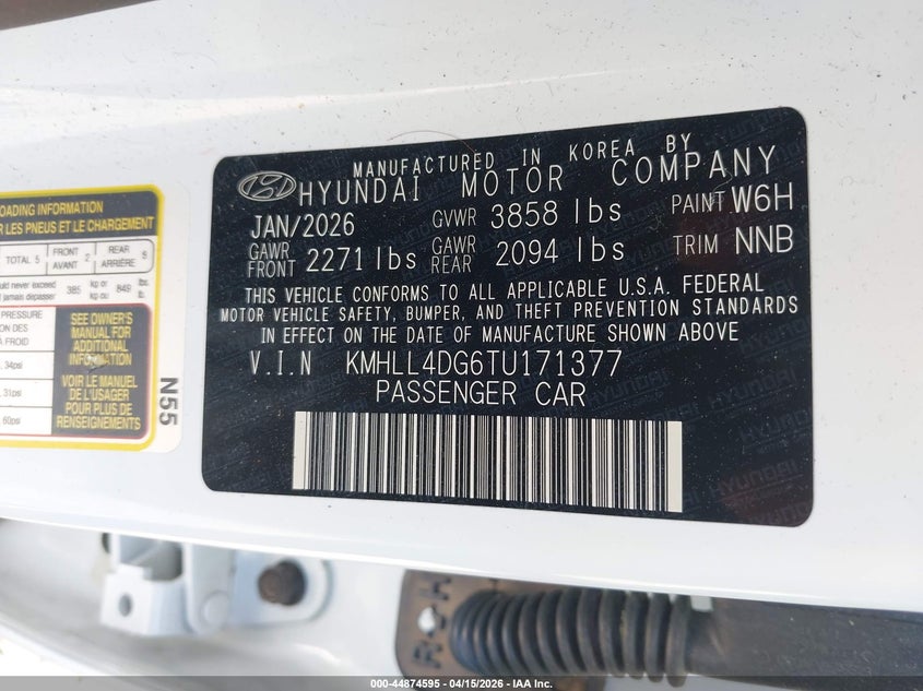 2026 Hyundai Elantra Se VIN: KMHLL4DG6TU171377 Lot: 44874595