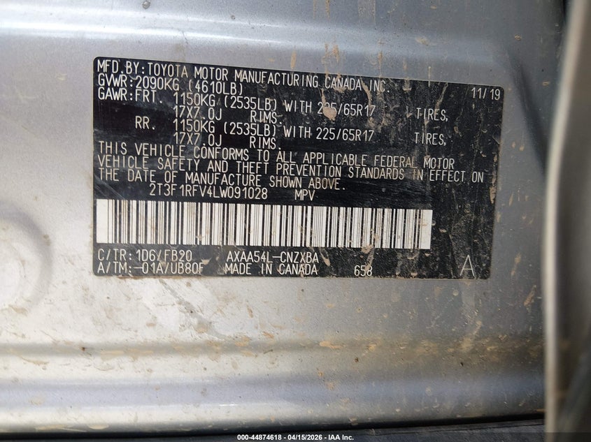 2020 Toyota Rav4 Le VIN: 2T3F1RFV4LW091028 Lot: 44874618