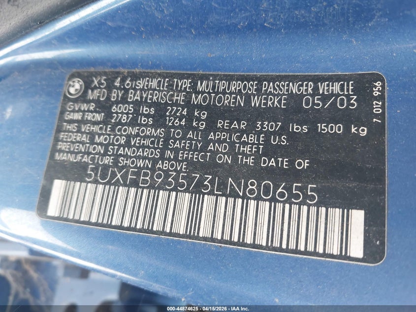 2003 BMW X5 4.6Is VIN: 5UXFB93573LN80655 Lot: 44874625