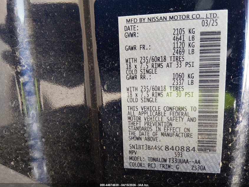 2025 Nissan Rogue Sv Fwd VIN: 5N1BT3BA4SC840884 Lot: 44874639