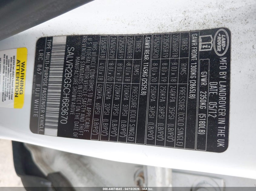 2012 Land Rover Range Rover Evoque Pure Plus VIN: SALVR2BG5CH683670 Lot: 44874645