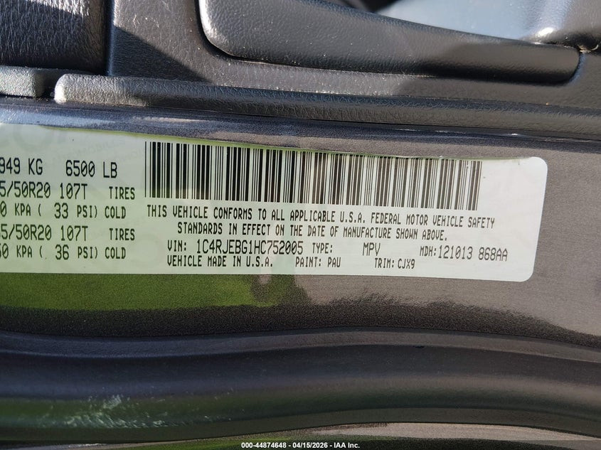 2017 Jeep Grand Cherokee Limited 4X2 VIN: 1C4RJEBG1HC752005 Lot: 44874648