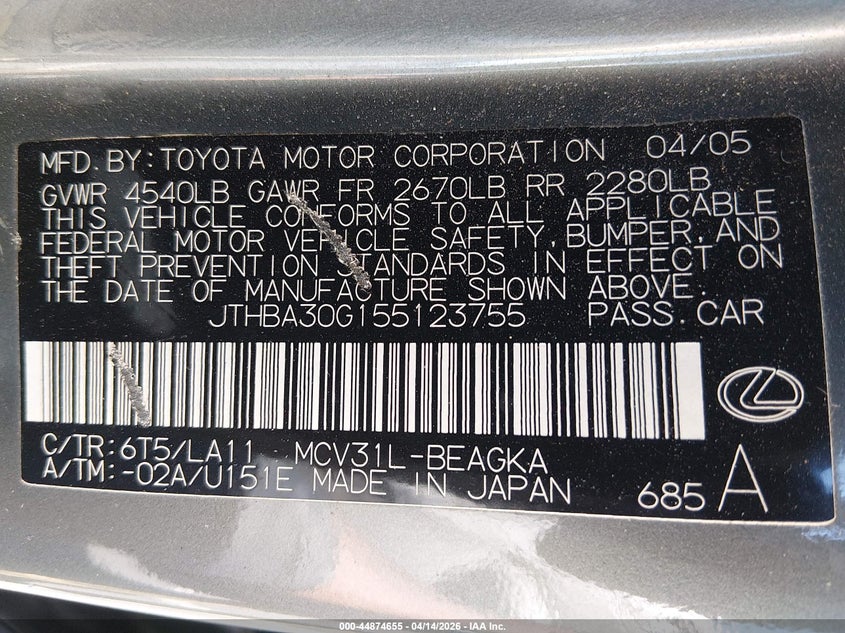 2005 Lexus Es 330 VIN: JTHBA30G155123755 Lot: 44874655