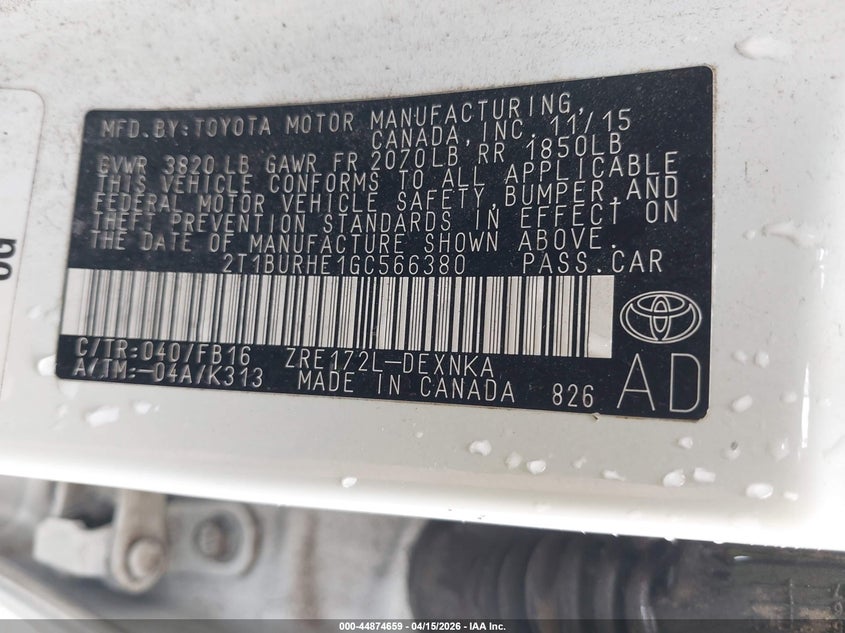 2016 Toyota Corolla Le VIN: 2T1BURHE1GC566380 Lot: 44874659