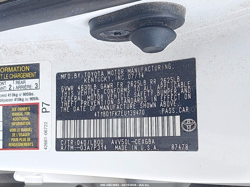 2014 Toyota Camry Hybrid Xle VIN: 4T1BD1FK7EU139470 Lot: 44874663