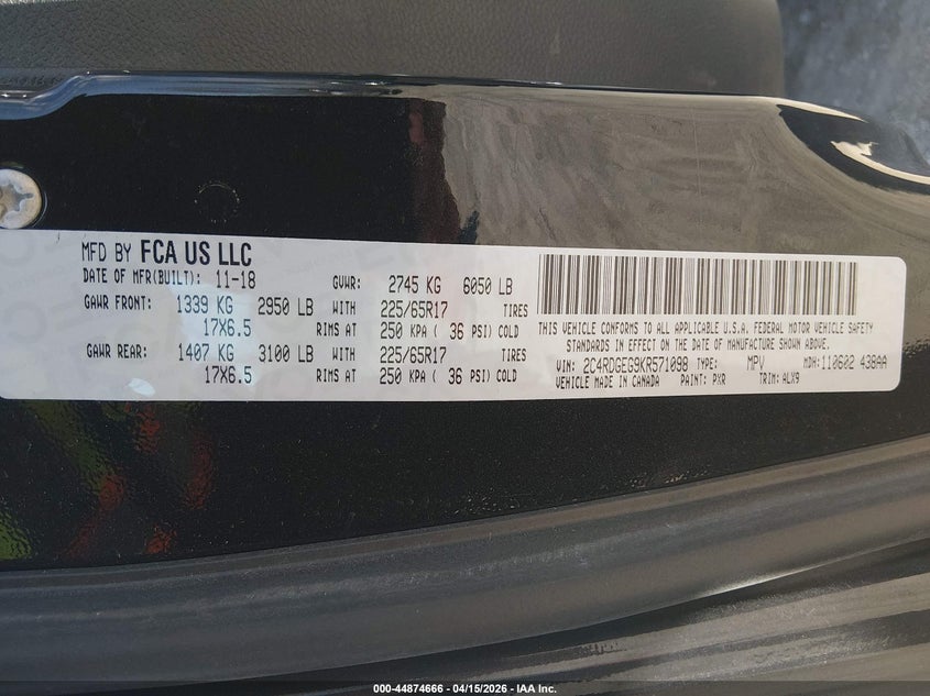 2019 Dodge Grand Caravan Gt VIN: 2C4RDGEG9KR571098 Lot: 44874666