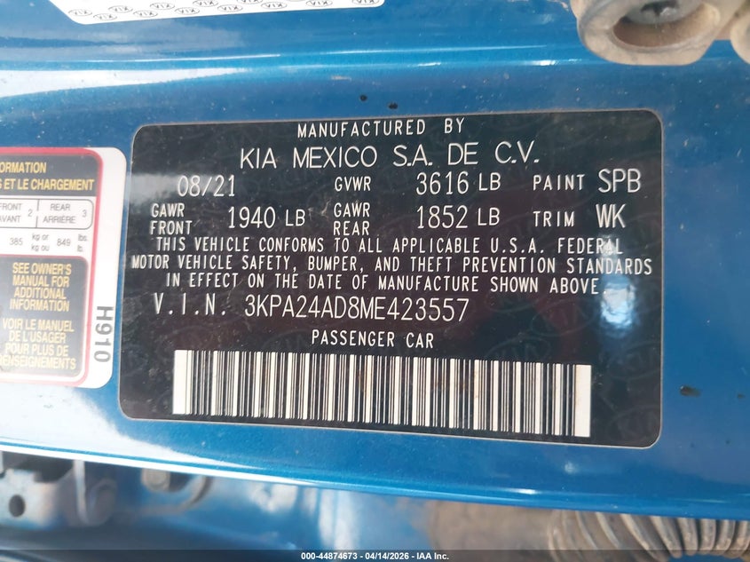 2021 Kia Rio S VIN: 3KPA24AD8ME423557 Lot: 44874673