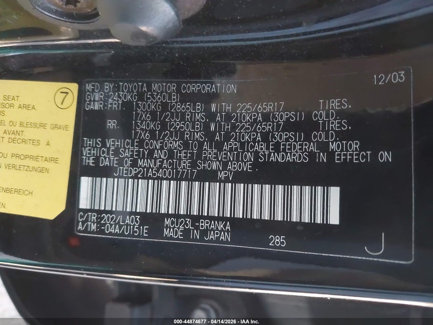2004 Toyota Highlander Limited V6 VIN: JTEDP21A540017717 Lot: 44874677